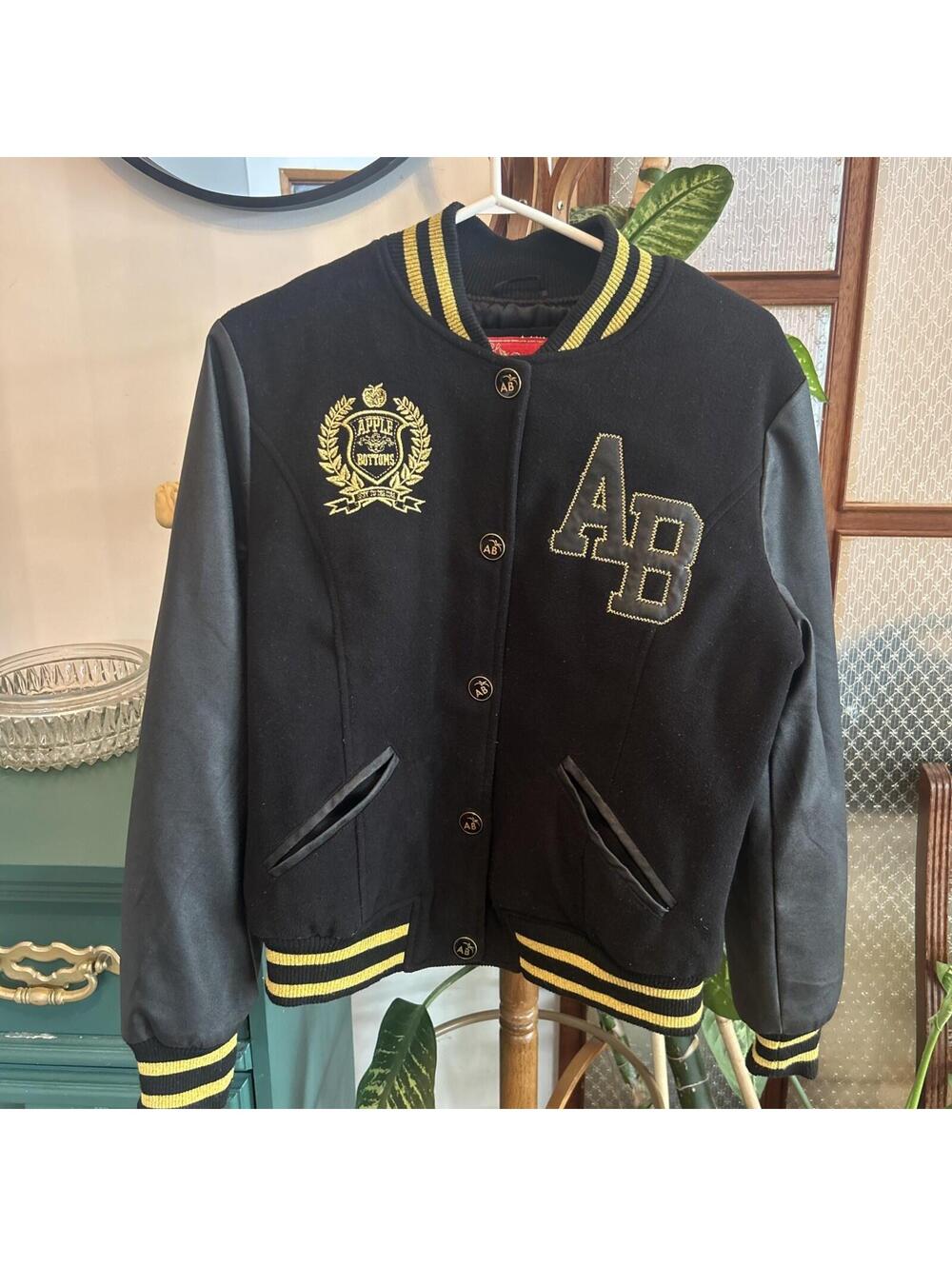 Apple Bottoms Jacket Womens Large Black Gold Varsity Letterman Bomber Snap Y2K